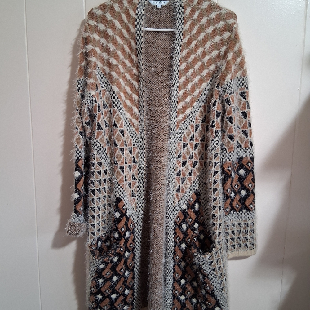 Nostalgia Open Long Cardigan Sweater w/ Pockets Fuzzy  Soft Boho UK-12 Large